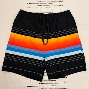 Men's Black Swim Board Shorts with Sunset Gradient and Blue Stripe Accents
